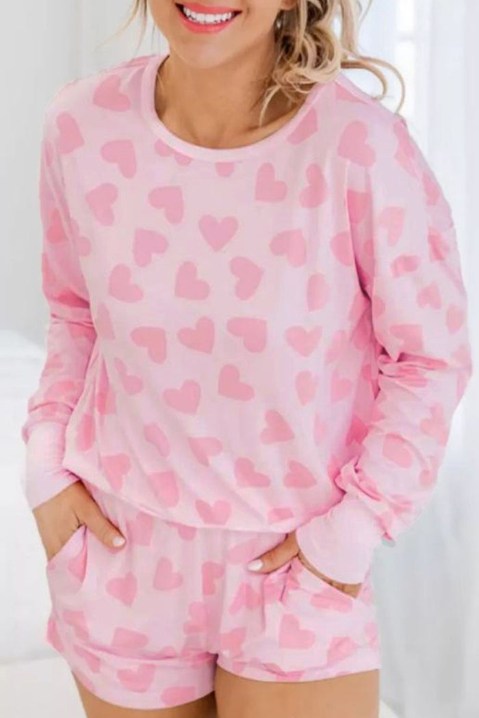 Pink Valentine Heart Shape Print Long Sleeve Top Shorts Lounge Set 🇺🇸