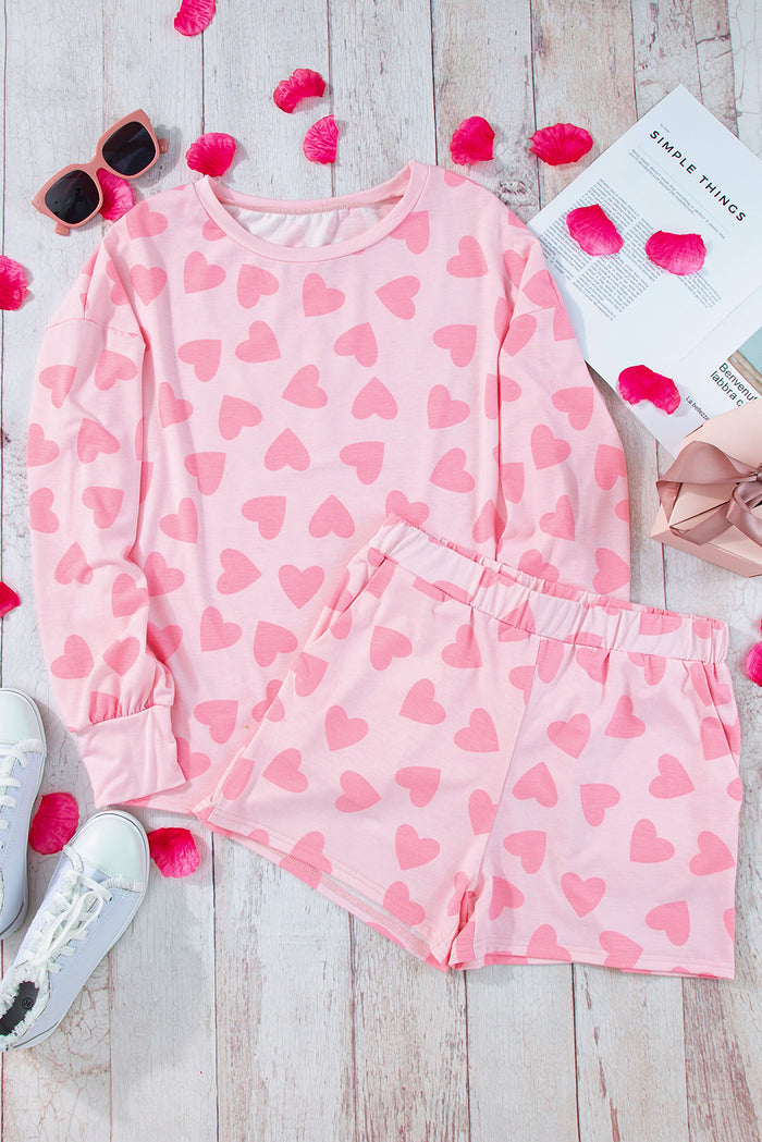Pink Valentine Heart Shape Print Long Sleeve Top Shorts Lounge Set 🇺🇸