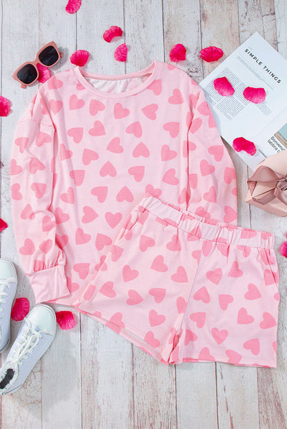Pink Valentine Heart Shape Print Long Sleeve Top Shorts Lounge Set 🇺🇸