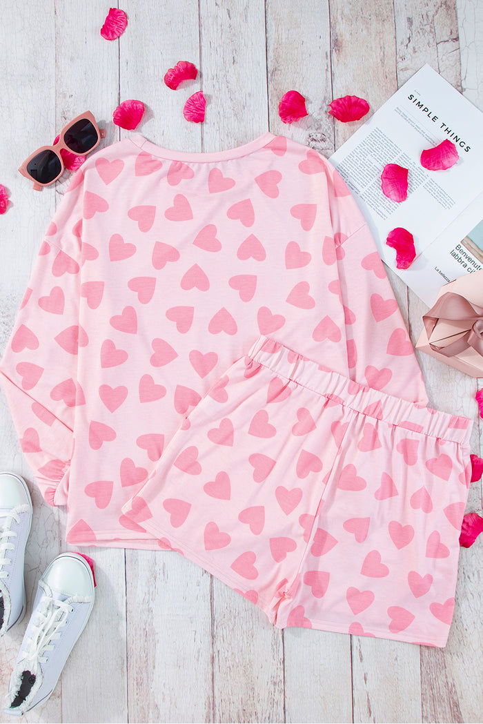 Pink Valentine Heart Shape Print Long Sleeve Top Shorts Lounge Set 🇺🇸