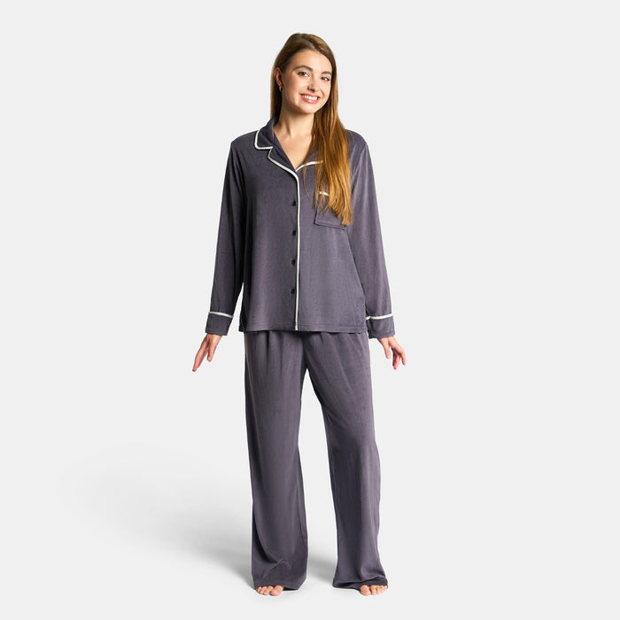 Piped Button Through Pyjama Set - Charcoal 🇬🇧