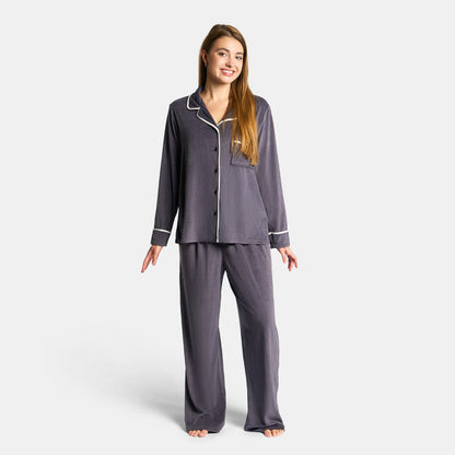 Piped Button Through Pyjama Set - Charcoal 🇬🇧