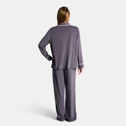 Piped Button Through Pyjama Set - Charcoal 🇬🇧