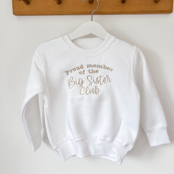 Children's white crewneck sweatshirt with 'Big Sister Club' printed slogan