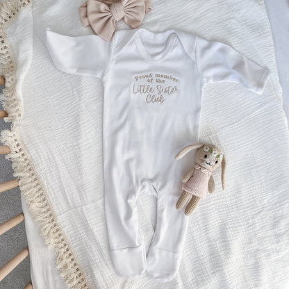 White baby long-sleeve romper with “Little Brother Club” print and plush rabbit