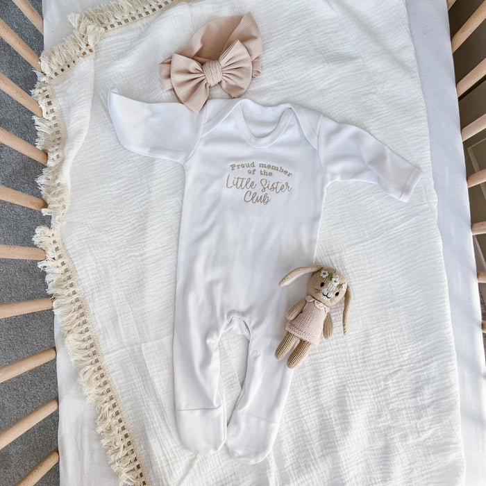 White baby long-sleeve romper with “Little Brother Club” print and plush rabbit