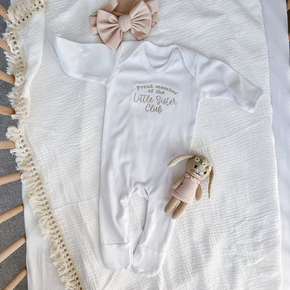 White baby long-sleeve romper with “Little Brother Club” print and plush rabbit
