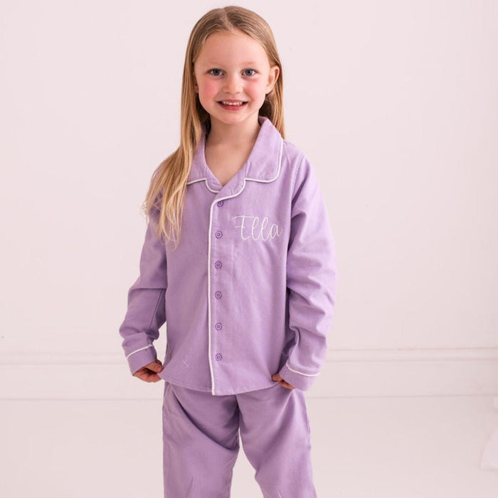 Purple pajama set: button-up shirt with 'Ella' embroidery and matching pants