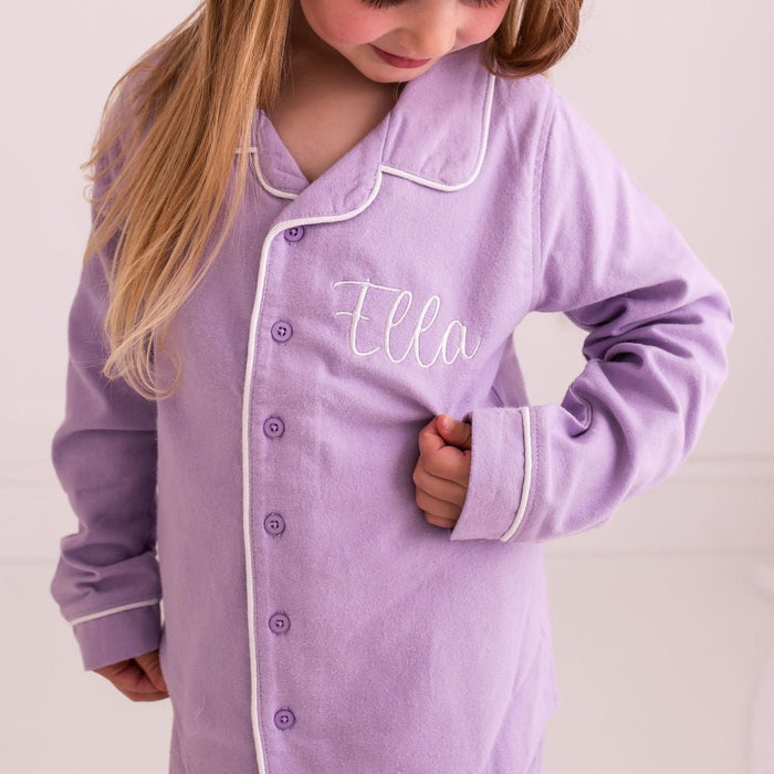 Purple button-up pajama shirt with 'Ella' embroidery and button placket