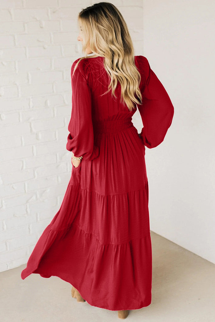 Racing Red Contrast Embroidered Detail Cinched Waist Tiered Long Sleeve Maxi Dress 🇺🇸