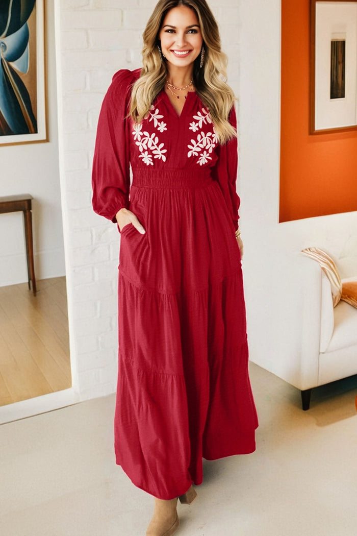 Racing Red Contrast Embroidered Detail Cinched Waist Tiered Long Sleeve Maxi Dress 🇺🇸