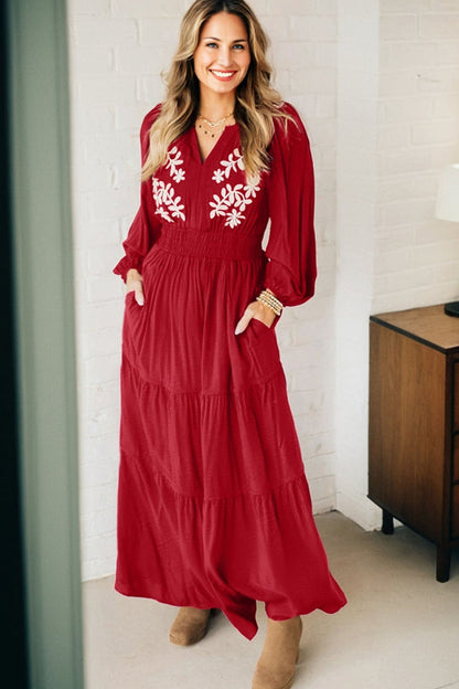 Racing Red Contrast Embroidered Detail Cinched Waist Tiered Long Sleeve Maxi Dress 🇺🇸