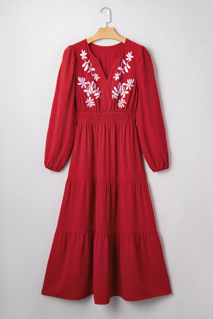 Racing Red Contrast Embroidered Detail Cinched Waist Tiered Long Sleeve Maxi Dress 🇺🇸