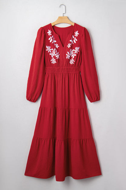Racing Red Contrast Embroidered Detail Cinched Waist Tiered Long Sleeve Maxi Dress 🇺🇸