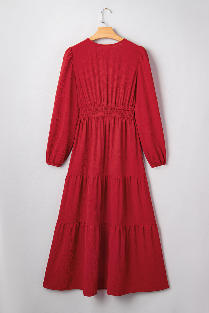 Racing Red Contrast Embroidered Detail Cinched Waist Tiered Long Sleeve Maxi Dress 🇺🇸
