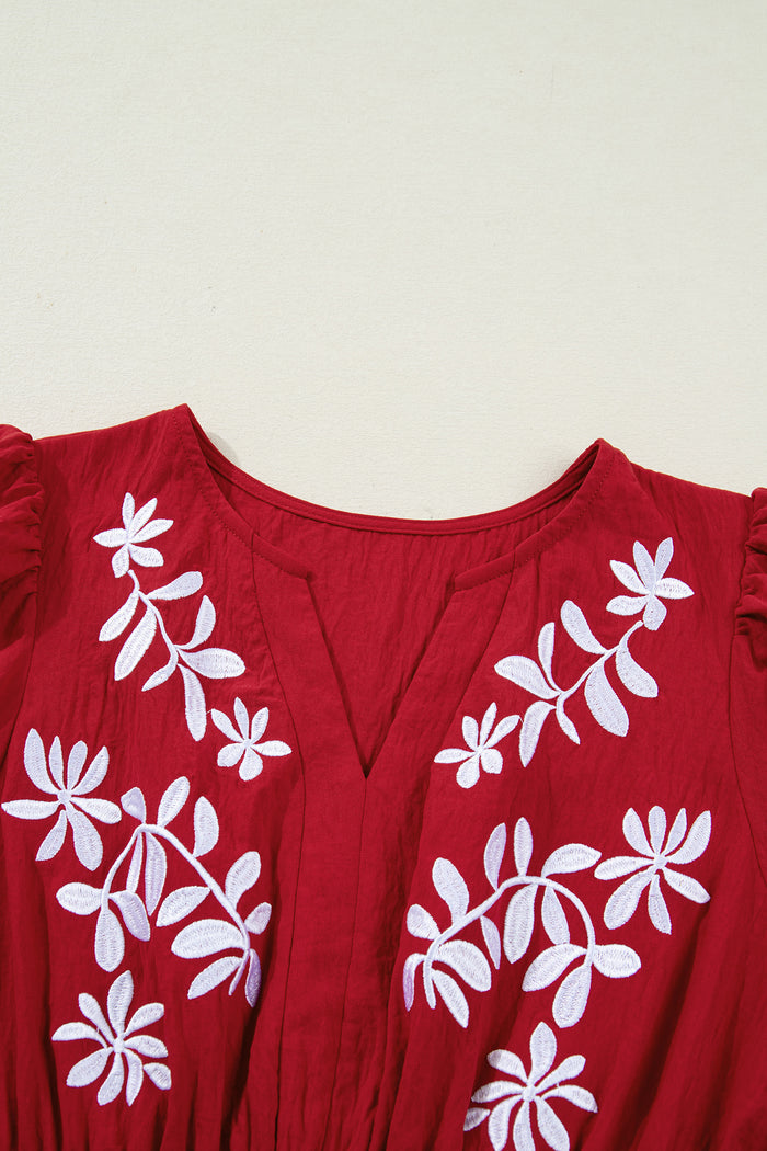 Racing Red Contrast Embroidered Detail Cinched Waist Tiered Long Sleeve Maxi Dress 🇺🇸