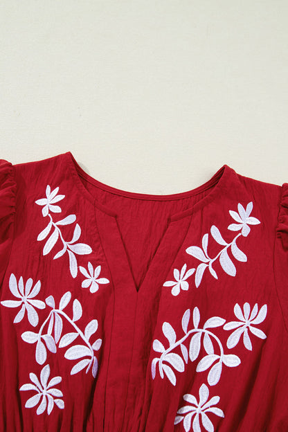 Racing Red Contrast Embroidered Detail Cinched Waist Tiered Long Sleeve Maxi Dress 🇺🇸