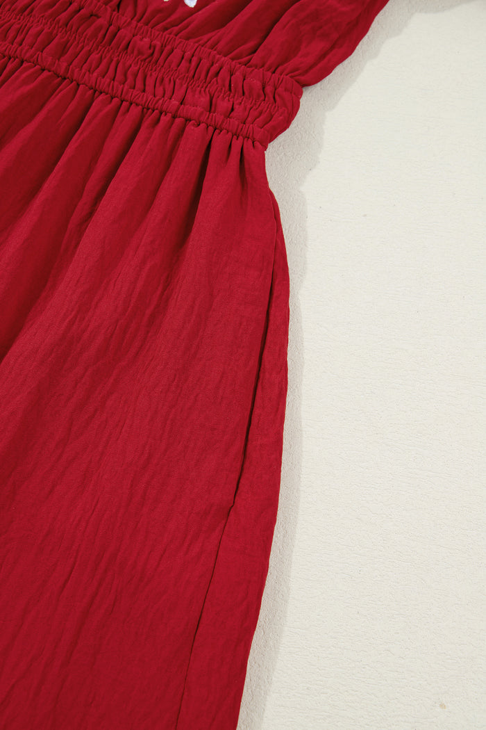 Racing Red Contrast Embroidered Detail Cinched Waist Tiered Long Sleeve Maxi Dress 🇺🇸