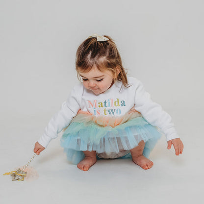 White personalised birthday sweater with multicolor name and age text print