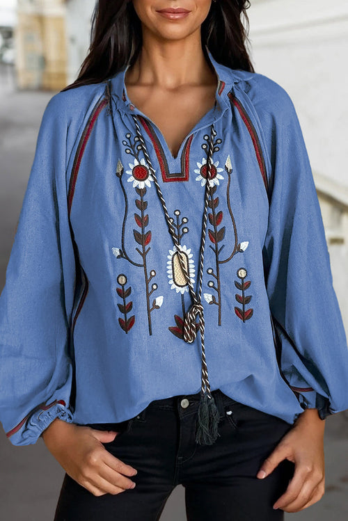 Real Teal Floral Embroidered Split Neck Tassel Tie Puff Sleeve Blouse 🇺🇸
