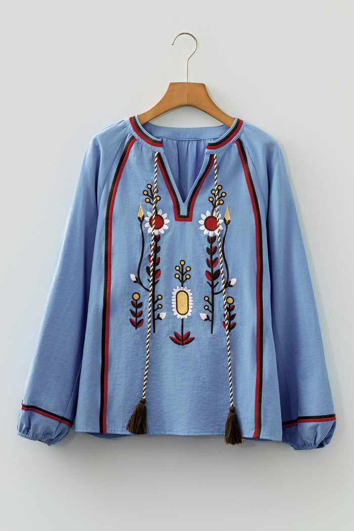 Real Teal Floral Embroidered Split Neck Tassel Tie Puff Sleeve Blouse 🇺🇸