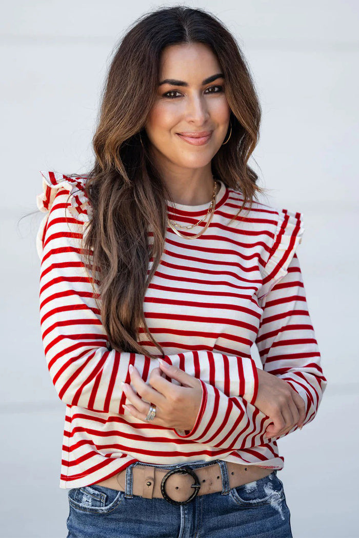 Red Stripe Round Neck Ruffle Trim Long Sleeve Top 🇺🇸
