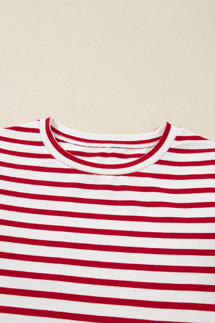 Red Stripe Round Neck Ruffle Trim Long Sleeve Top 🇺🇸