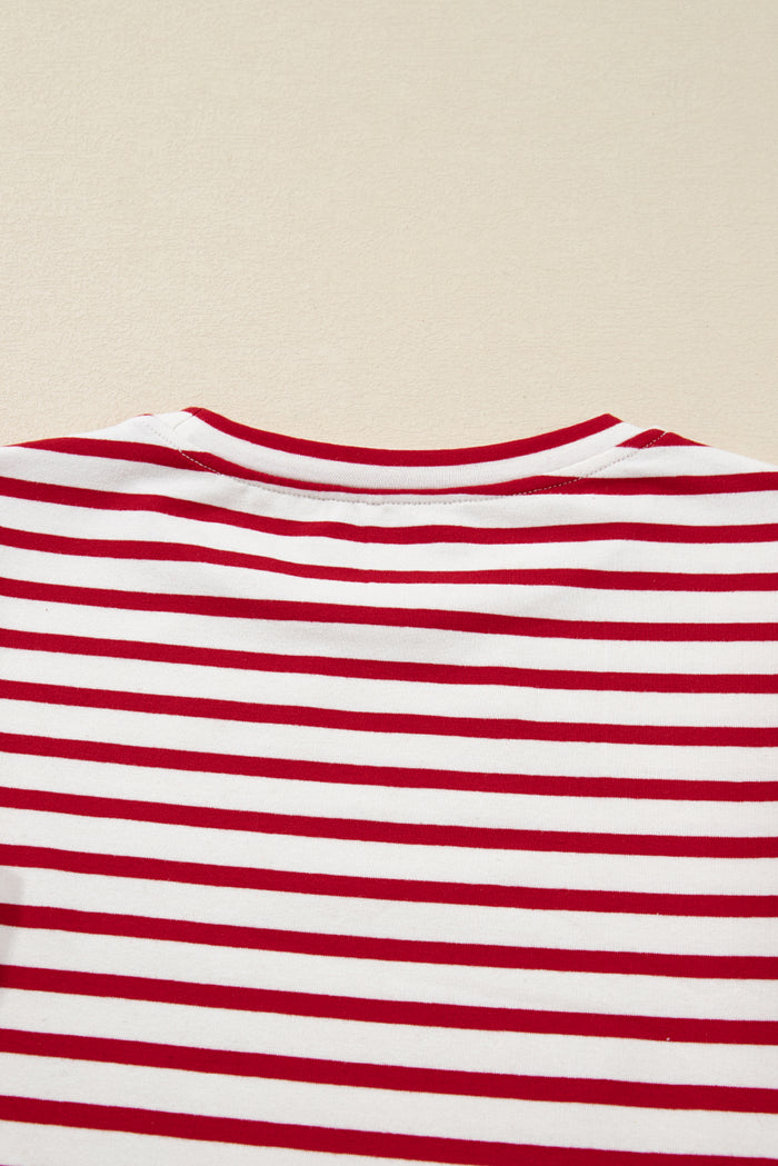 Red Stripe Round Neck Ruffle Trim Long Sleeve Top 🇺🇸