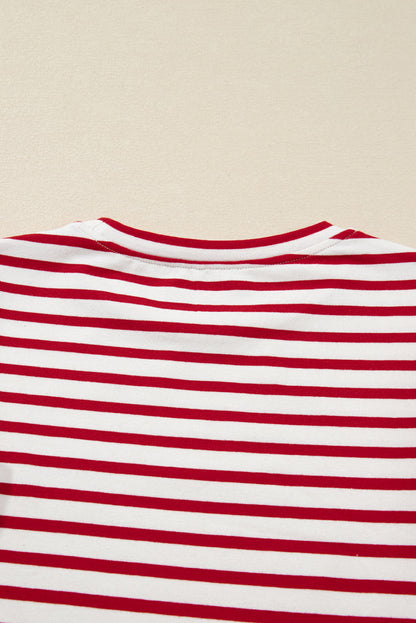 Red Stripe Round Neck Ruffle Trim Long Sleeve Top 🇺🇸