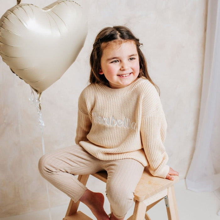 Sand knitted personalised jumper with crew neck and long sleeves, beige knit