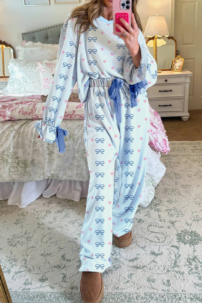 Sky Blue Stripe Bow Star Print Tied Detail 2pcs Lounge Set 🇺🇸