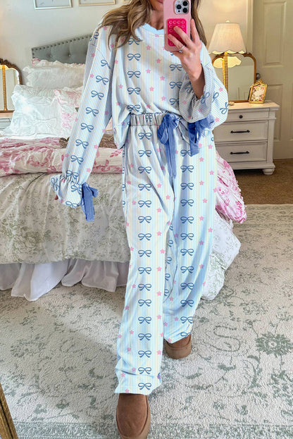 Sky Blue Stripe Bow Star Print Tied Detail 2pcs Lounge Set 🇺🇸