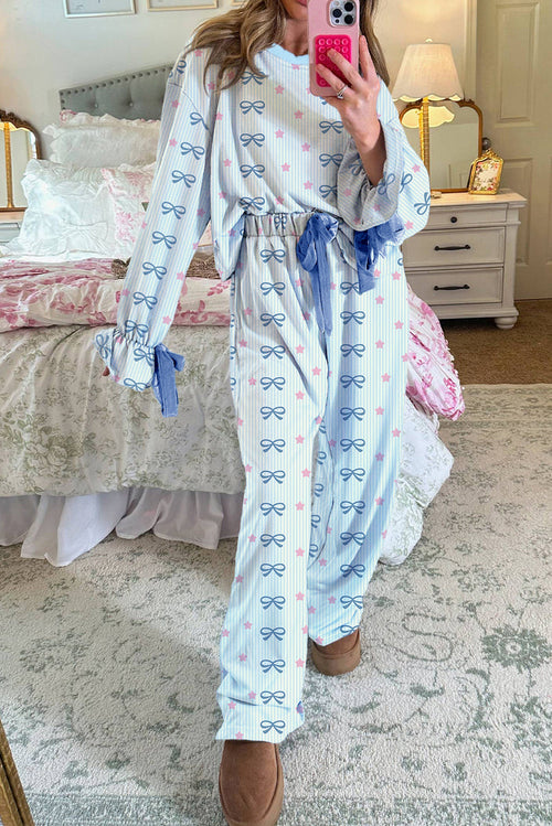 Sky Blue Stripe Bow Star Print Tied Detail 2pcs Lounge Set 🇺🇸