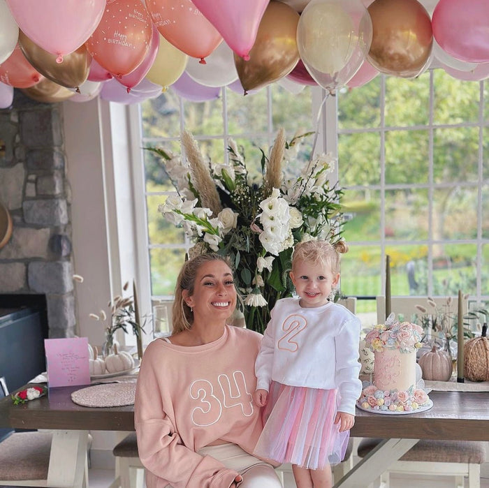 Pink knit birthday sweater with '34' front print