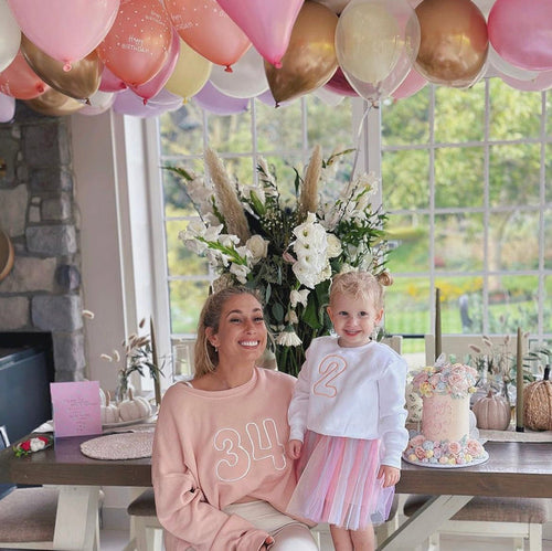 Pink knit birthday sweater with '34' front print