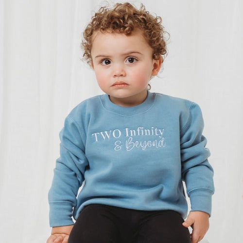 Light blue kids birthday sweater with 'Two Infinity & Beyond' front print