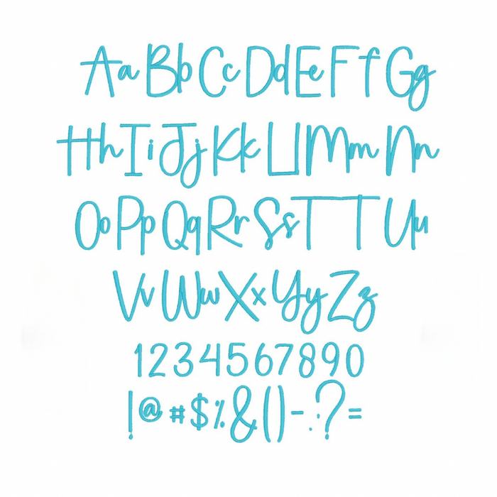 Handwriting style alphabet and numbers for custom name embroidery