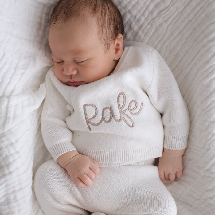 White baby kimono top and trousers set on baby, Rafe embroidery on top