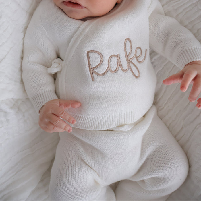 White baby kimono top and trousers set, Rafe name stitched on front