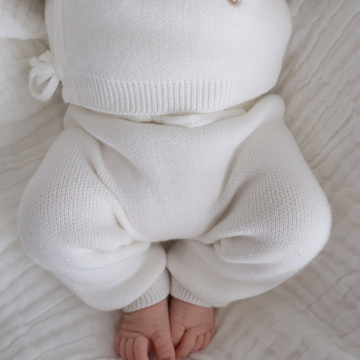 White baby kimono top and trousers, knit drawstring tie at neckline