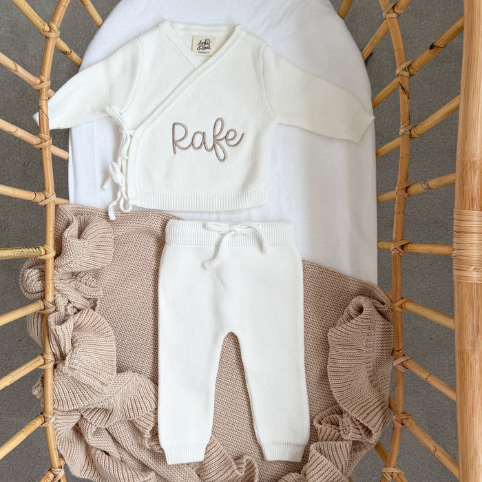 White baby kimono top and trousers set, personalized Rafe on front