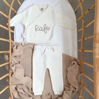 White baby kimono top and trousers set, personalized Rafe on front