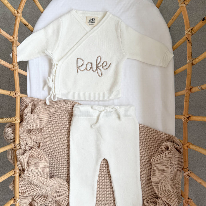 White baby kimono top and trousers set with Rafe personalization on the top