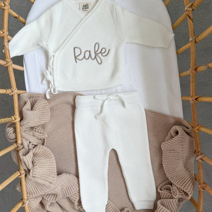 White baby kimono top and trousers set with Rafe name embroidery, front view