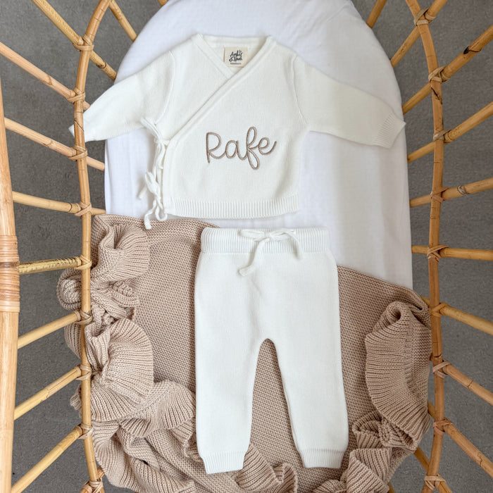 White baby kimono knit top and trousers set, Rafe detail on chest