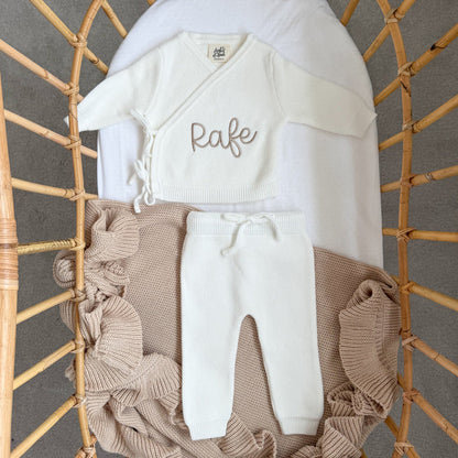 White baby kimono knit top and trousers set, Rafe detail on chest