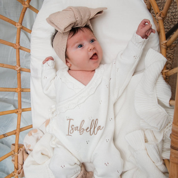 White pointelle kimono romper with embroidered “Isabella” across the chest and snap leg opening.