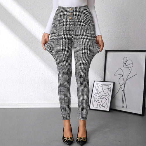 Women's Check Print Button Embellished High-waist Slim-fit Knit Pants 🇨🇳