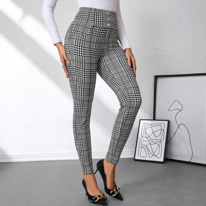 Women's Check Print Button Embellished High-waist Slim-fit Knit Pants 🇨🇳