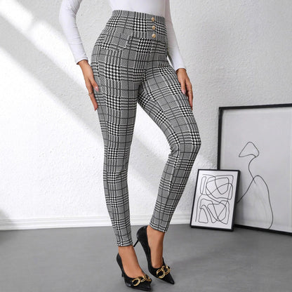 Women's Check Print Button Embellished High-waist Slim-fit Knit Pants 🇨🇳
